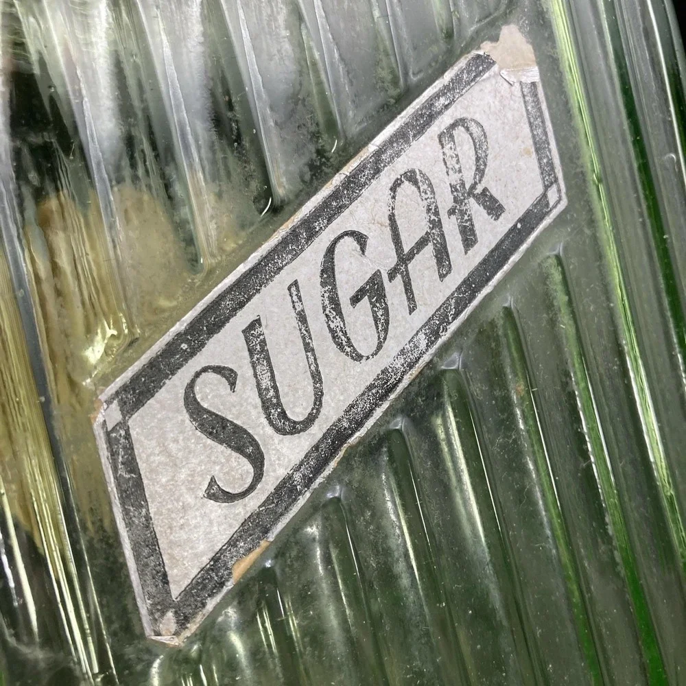 Vtg Anchor Hocking Jar Hoosier Ribbed Green Uranium Co-Op Coffee Sugar Label #2